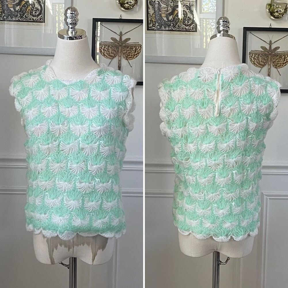 Vintage 60s Jane Hunter Seafoam Green White Back Zip Sleeveless Sweater S